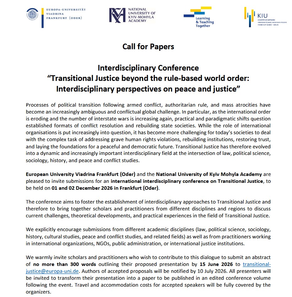 Lawyerin4Africa's tweet photo. Call for Papers - Interdisciplinary Conference "Transitional Justice beyond the rule-based world order: Interdisciplinary perspectives on  peace and justice"
Deadline: June 15
https://t.co/t3NdmzlJ0o
NOTE: Travel and accommodation costs for accepted speakers will be covered. https://t.co/0PjfKZ5nFH