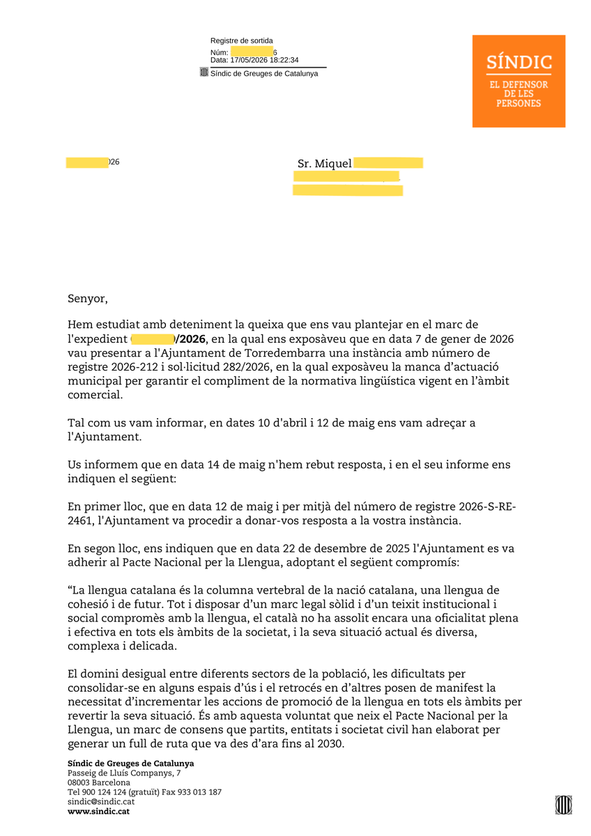miqu3lm0la's tweet photo. Passar de les paraules als fets.

L'Ajuntament de Torredembarra al·lega davant la Síndica que està compromès amb el Pacte Nacional per la Llengua. Magnífic.

He registrat nova instància demanant el calendari de control i el protocol de la Policia Local.

#AccióPelCatalà https://t.co/zf4SRQiFGg