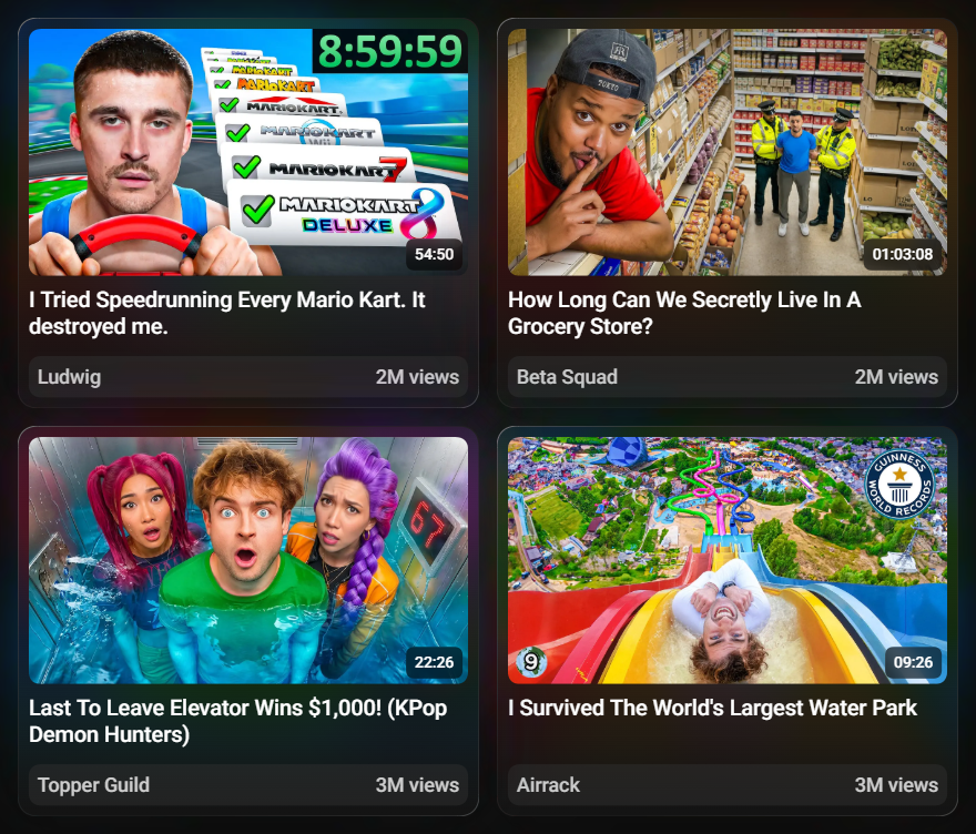 ostendoapp's tweet photo. 4 Challenge video thumbnails to study if you want to nail the niche.

◉ Checklist / Roadmap: show the viewer the series of mini goals that will need to be accomplished.
◉ Consequences: show what could go wrong in the worst case scenario.
◉ Exaggerate (Danger): raise the danger by 200% to make the viewer curious.
◉ Exaggerate (Fun): make the house LARGER, make the theme park TALLER, TRIPLE the amount of food/snacks, etc.

Choosing the right approach for a challenge video makes all the difference.

Finding all of these examples took 2 seconds btw, I just filtered my collection in https://t.co/CBZZvbhfFH by "challenge"