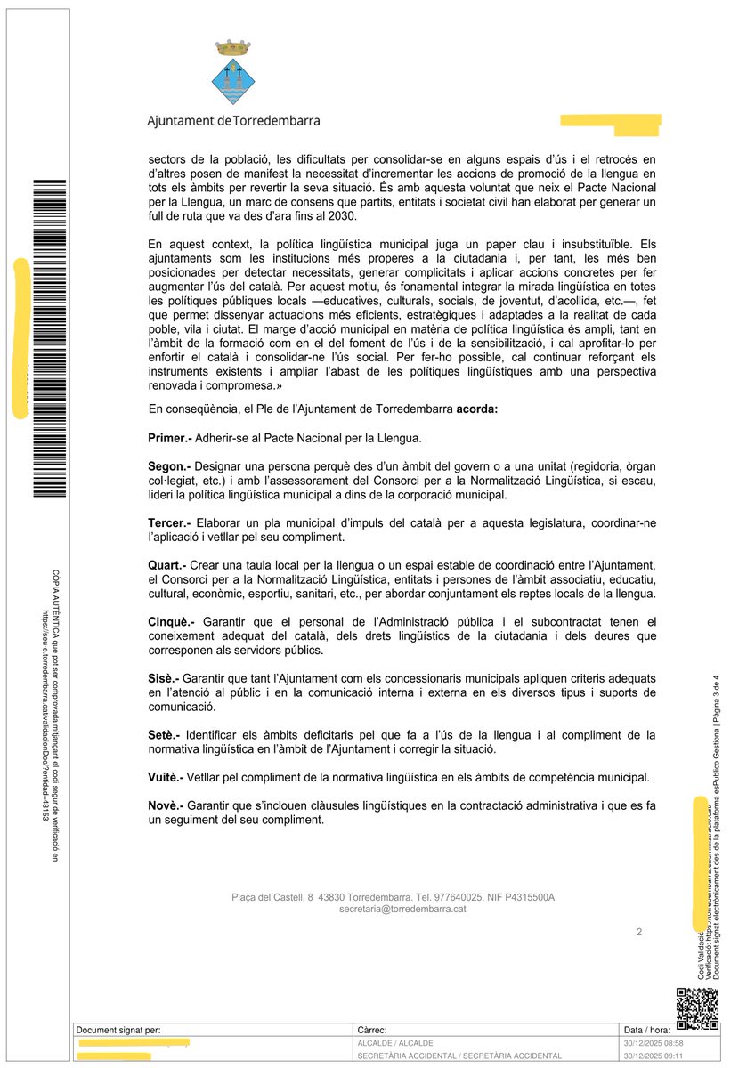 miqu3lm0la's tweet photo. Passar de les paraules als fets.

L'Ajuntament de Torredembarra al·lega davant la Síndica que està compromès amb el Pacte Nacional per la Llengua. Magnífic.

He registrat nova instància demanant el calendari de control i el protocol de la Policia Local.

#AccióPelCatalà https://t.co/zf4SRQiFGg