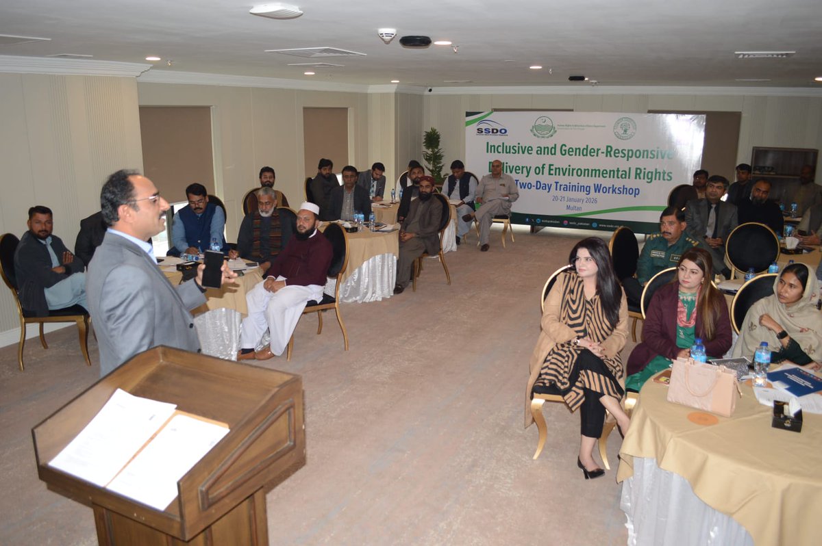 SSDOPakistan's tweet photo. The Sustainable Social Development Organization (SSDO), with support from the United Nations Development Programme (UNDP), successfully organized a two-day capacity-building workshop on “Inclusive and Gender-Responsive Delivery of Environmental Rights” in Multan.

The workshop brought together 35 participants from Multan, Dera Ghazi Khan, and Muzaffargarh, representing government departments, regulatory bodies, civil society, minority groups, and academia, to strengthen inclusive, rights-based, and gender-responsive environmental governance.

Participants enhanced their understanding of environmental justice, gender equality, intersectionality, and climate-responsive policymaking, while jointly developing district-level action plans focused on deforestation control, flood preparedness, community-based risk mitigation, and sustainable disaster response.

As part of the initiative’s sustainability efforts, the developed action plans and Training of Trainers (TOT) module were shared with relevant departments for integration into district planning processes. SSDO remains committed to continued engagement with provincial and district authorities through follow-up consultations and technical support to advance inclusive, gender-responsive, and rights-based environmental action across South Punjab.

#SSDO #UNDP #EnvironmentalRights #ClimateJustice #GenderEquality #SouthPunjab #InclusiveGovernance #HumanRights #ClimateAction #EnvironmentalJustice
@UNDP_Pakistan