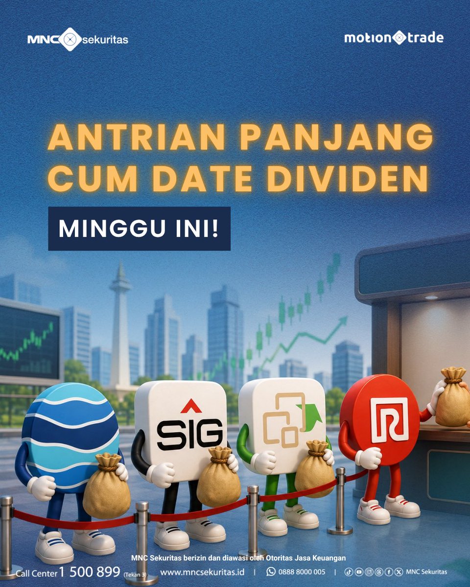 MNCSekuritas's tweet photo. 📢 Pemburu dividen merapat! Pekan ini masih ada kesempatan mengincar cuan dari 17 emiten yang masuk jadwal cum date dividen pada 20–22 Mei 2026.
📅 Saham incaran kamu masuk daftar minggu ini?
#MNCSekuritas #MotionTrade #InvestasiLiteStyle #DIVIDEN #SAHAM https://t.co/FneSPDBNtT