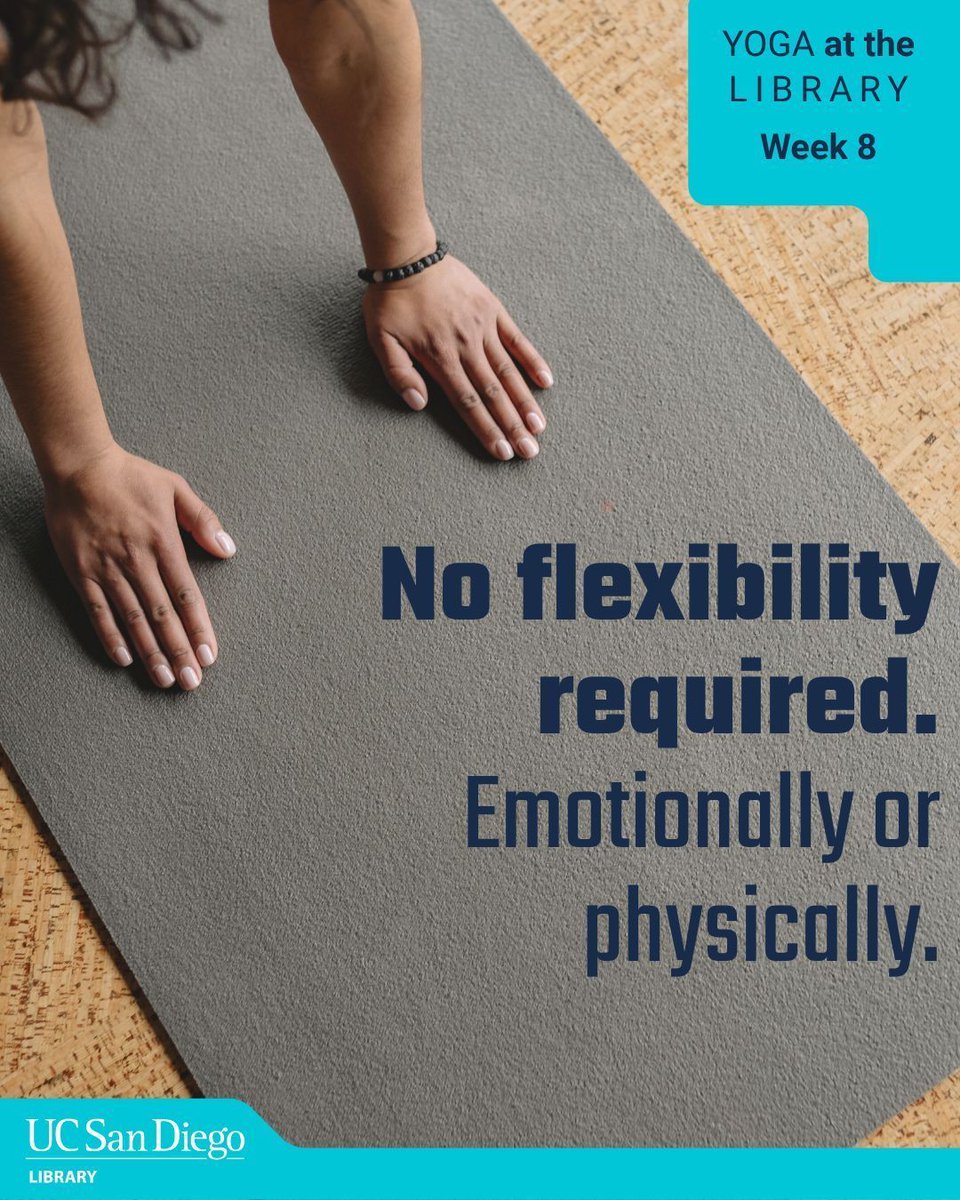 ucsdlibrary's tweet photo. No flexibility required. Just show up and move at your own pace! Join us for a mindful midweek reset with indoor Vinyasa Flow 🧘‍♀️���

📅 Thurs, May 21 | 10-11 a.m.
📍 Geisel Meeting Room (1 East)
🔗 Weekly registration required: https://t.co/drxNzy9rAL
🧘 Bring your own mat &amp; props https://t.co/DxbKkkM48f