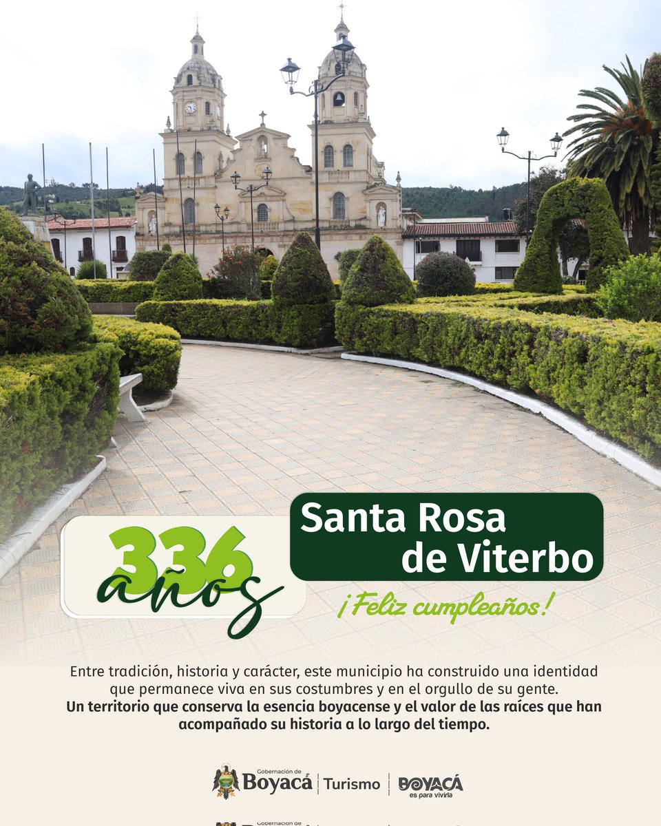 SecTurismoBoy's tweet photo. 3️⃣3️⃣6️⃣ años celebrando historia, tradición y el orgullo de un municipio que hace parte de la memoria y la identidad de Boyacá.

Santa Rosa de Viterbo ha construido su trayectoria conservando costumbres, valores y una fuerte conexión con sus raíces. https://t.co/UmxZVatdGB