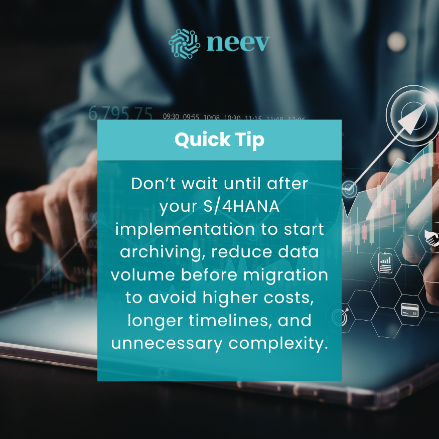 NeevData's tweet photo. Delaying archiving during a greenfield S/4HANA implementation may seem harmless, but it often leads to higher migration costs and unnecessary data complexity.

Start early: by reducing data volume before migration, you simplify the transition and improve system performance. https://t.co/xJjY80aUsM