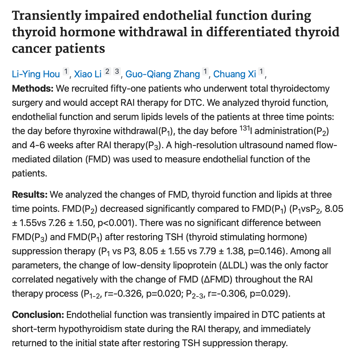 lowmegatron's tweet photo. Endothelial dysfunction is associated with hypothyroidism, improves with thyroid hormone (T3), and worsens when thyroid hormone is withdrawn.

Endothelial dysfunction is when the thin lining of your blood vessels stops working properly, losing its ability to relax and widen vessels normally. It’s an early step toward high blood pressure, atherosclerosis, and heart disease.

“Hypothyroidism in women is associated with microvascular endothelial dysfunction, even after adjusting for confounders, and may explain some of the increased risk of cardiovascular disease in these patients.” ¹

“(Thyroid hormone) T3 exerts direct and acute effects on the resistance vessels by enhancing endothelial function and norepinephrine-induced vasoconstriction. The data may help clarify the vascular impact of the low T3 syndrome and point to potential therapeutic strategies.” ²

“Endothelial function was transiently impaired in (differentiated thyroid cancer) patients at short-term hypothyroidism (thyroid meds stopped) state during the RAI therapy, and immediately returned to the initial state after restoring TSH suppression therapy (restarting thyroid meds, levothyroxine).”

¹ Hypothyroidism Is Associated With Coronary Endothelial Dysfunction in Women
² Acute effects of triiodothyronine on endothelial function in human subjects
³Transiently impaired endothelial function during thyroid hormone withdrawal in differentiated thyroid cancer patients