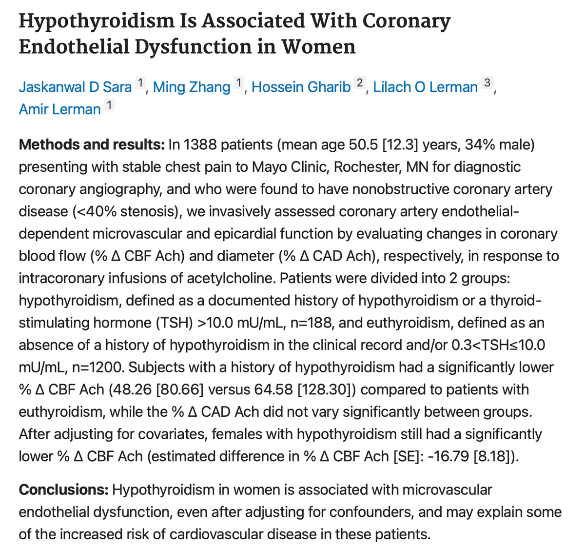 lowmegatron's tweet photo. Endothelial dysfunction is associated with hypothyroidism, improves with thyroid hormone (T3), and worsens when thyroid hormone is withdrawn.

Endothelial dysfunction is when the thin lining of your blood vessels stops working properly, losing its ability to relax and widen vessels normally. It’s an early step toward high blood pressure, atherosclerosis, and heart disease.

“Hypothyroidism in women is associated with microvascular endothelial dysfunction, even after adjusting for confounders, and may explain some of the increased risk of cardiovascular disease in these patients.” ¹

“(Thyroid hormone) T3 exerts direct and acute effects on the resistance vessels by enhancing endothelial function and norepinephrine-induced vasoconstriction. The data may help clarify the vascular impact of the low T3 syndrome and point to potential therapeutic strategies.” ²

“Endothelial function was transiently impaired in (differentiated thyroid cancer) patients at short-term hypothyroidism (thyroid meds stopped) state during the RAI therapy, and immediately returned to the initial state after restoring TSH suppression therapy (restarting thyroid meds, levothyroxine).”

¹ Hypothyroidism Is Associated With Coronary Endothelial Dysfunction in Women
² Acute effects of triiodothyronine on endothelial function in human subjects
³Transiently impaired endothelial function during thyroid hormone withdrawal in differentiated thyroid cancer patients
