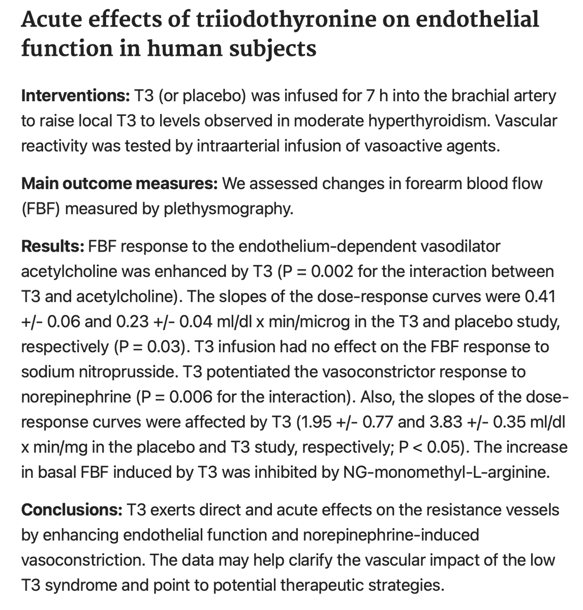 lowmegatron's tweet photo. Endothelial dysfunction is associated with hypothyroidism, improves with thyroid hormone (T3), and worsens when thyroid hormone is withdrawn.

Endothelial dysfunction is when the thin lining of your blood vessels stops working properly, losing its ability to relax and widen vessels normally. It’s an early step toward high blood pressure, atherosclerosis, and heart disease.

“Hypothyroidism in women is associated with microvascular endothelial dysfunction, even after adjusting for confounders, and may explain some of the increased risk of cardiovascular disease in these patients.” ¹

“(Thyroid hormone) T3 exerts direct and acute effects on the resistance vessels by enhancing endothelial function and norepinephrine-induced vasoconstriction. The data may help clarify the vascular impact of the low T3 syndrome and point to potential therapeutic strategies.” ²

“Endothelial function was transiently impaired in (differentiated thyroid cancer) patients at short-term hypothyroidism (thyroid meds stopped) state during the RAI therapy, and immediately returned to the initial state after restoring TSH suppression therapy (restarting thyroid meds, levothyroxine).”

¹ Hypothyroidism Is Associated With Coronary Endothelial Dysfunction in Women
² Acute effects of triiodothyronine on endothelial function in human subjects
³Transiently impaired endothelial function during thyroid hormone withdrawal in differentiated thyroid cancer patients