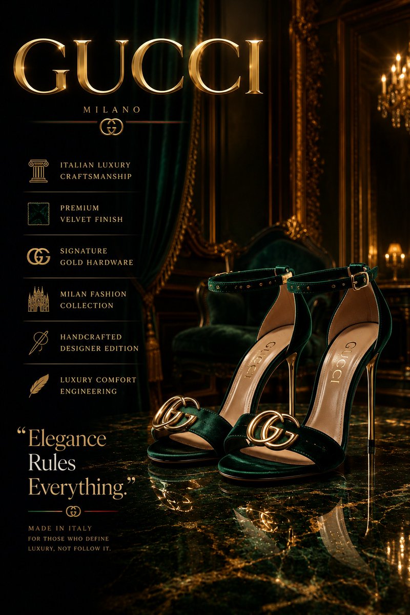 iayeshayousuf's tweet photo. Crafted for Queens.

GPT image 2.0 on @ChatGPTapp

Prompt:
Create an ultra-premium luxury fashion advertisement poster for designer high heels inspired by Vogue Arabia, Paris Fashion Week, and elite luxury editorials. Feature elegant glossy heels inside a cinematic luxury studio with reflective marble flooring, dramatic spotlight lighting, soft smoke atmosphere, and photorealistic reflections.

Add a modern luxury specification layout vertically on the left side with elegant typography and minimalist icons. Include a bold powerful quote and a large luxury brand logo with metallic chrome or gold reflections.

Use a rich cinematic color palette of black, gold, silver, emerald green, burgundy, or monochrome tones with glossy reflections, floating particles, velvet textures, and premium editorial composition.

Style should feel hyper-realistic, dark luxurious, modern, cinematic, ultra-detailed, and professionally designed like a billion-dollar fashion campaign and luxury billboard advertisement, 8K masterpiece.
