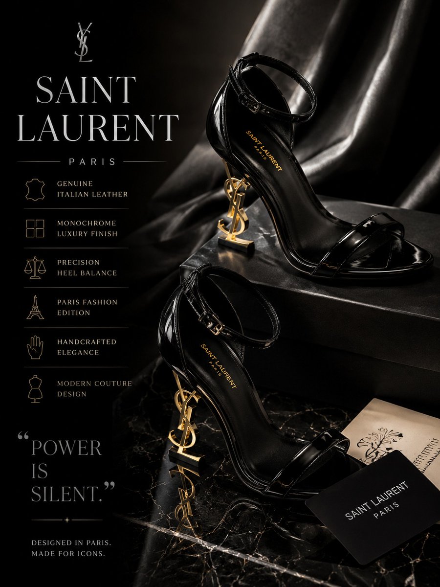 iayeshayousuf's tweet photo. Crafted for Queens.

GPT image 2.0 on @ChatGPTapp

Prompt:
Create an ultra-premium luxury fashion advertisement poster for designer high heels inspired by Vogue Arabia, Paris Fashion Week, and elite luxury editorials. Feature elegant glossy heels inside a cinematic luxury studio with reflective marble flooring, dramatic spotlight lighting, soft smoke atmosphere, and photorealistic reflections.

Add a modern luxury specification layout vertically on the left side with elegant typography and minimalist icons. Include a bold powerful quote and a large luxury brand logo with metallic chrome or gold reflections.

Use a rich cinematic color palette of black, gold, silver, emerald green, burgundy, or monochrome tones with glossy reflections, floating particles, velvet textures, and premium editorial composition.

Style should feel hyper-realistic, dark luxurious, modern, cinematic, ultra-detailed, and professionally designed like a billion-dollar fashion campaign and luxury billboard advertisement, 8K masterpiece.