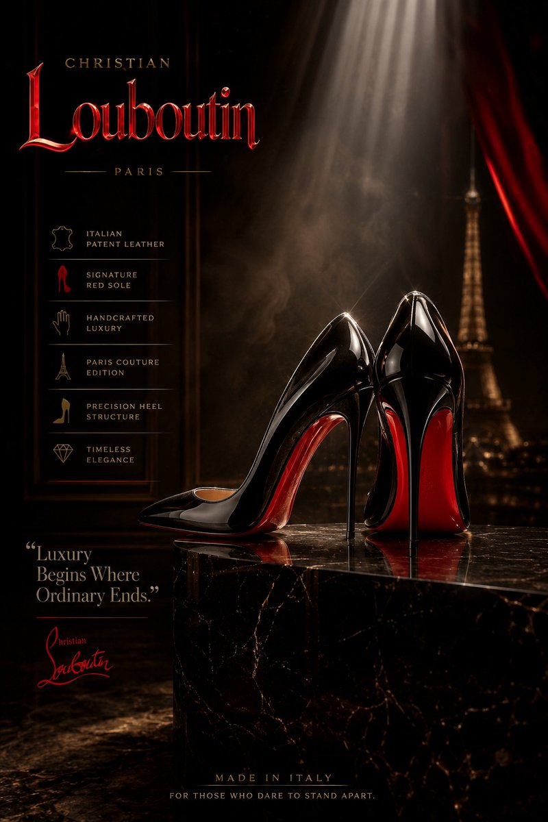 iayeshayousuf's tweet photo. Crafted for Queens.

GPT image 2.0 on @ChatGPTapp

Prompt:
Create an ultra-premium luxury fashion advertisement poster for designer high heels inspired by Vogue Arabia, Paris Fashion Week, and elite luxury editorials. Feature elegant glossy heels inside a cinematic luxury studio with reflective marble flooring, dramatic spotlight lighting, soft smoke atmosphere, and photorealistic reflections.

Add a modern luxury specification layout vertically on the left side with elegant typography and minimalist icons. Include a bold powerful quote and a large luxury brand logo with metallic chrome or gold reflections.

Use a rich cinematic color palette of black, gold, silver, emerald green, burgundy, or monochrome tones with glossy reflections, floating particles, velvet textures, and premium editorial composition.

Style should feel hyper-realistic, dark luxurious, modern, cinematic, ultra-detailed, and professionally designed like a billion-dollar fashion campaign and luxury billboard advertisement, 8K masterpiece.