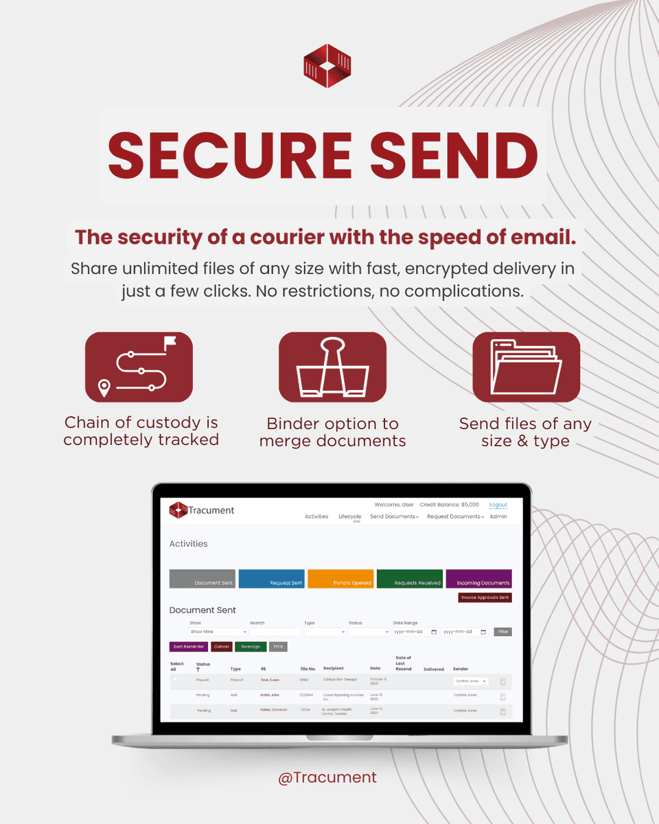 Tracument's tweet photo. "Not all file transfer solutions are built the same.

Secure Send by Tracument is designed for security, efficiency, and compliance.

Learn more:
https://t.co/UkOEkiIgWy " https://t.co/V6N6IlQSBM
