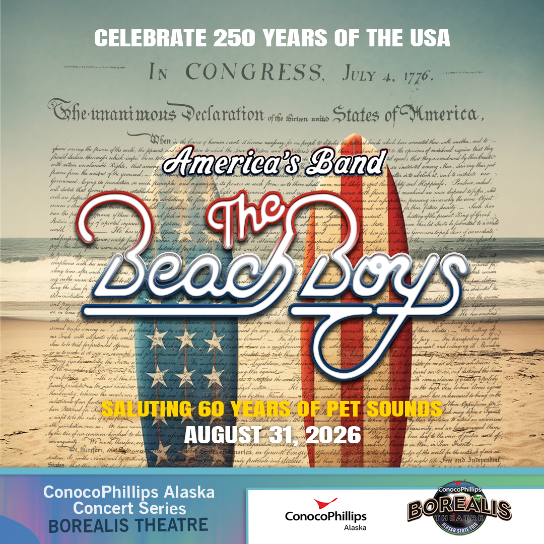 AlaskaStateFair's tweet photo. @TheBeachBoys are bringing their iconic surf-rock sound to the @ConocoPhillips Borealis Theatre on August 31! 🎶 🏄 Tickets go on sale to the general public this Friday, May 22, at 10am at https://t.co/KYL2FPfkeE. https://t.co/h3EWDegurR