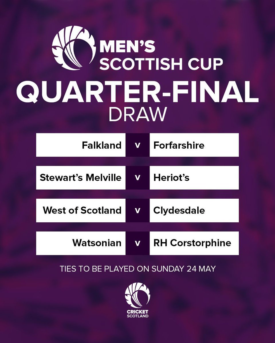 CricketScotland's tweet photo. The Men's Scottish Cup quarter-finals are set 🏆

Some big clashes coming up on Sunday with four spots in the semi-finals on the line 🔥 https://t.co/vElR2dZYmx