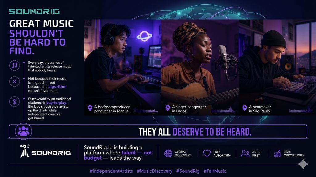SoundRigMusic's tweet photo. Great music goes unheard every day, not because it's bad, but because the algorithm buries it.

https://t.co/YNSCxuIMJ1 is building a platform where TALENT leads discovery. 🎵🌍

#IndependentArtists #MusicDiscovery #SoundRig https://t.co/my1PD5WjMC
