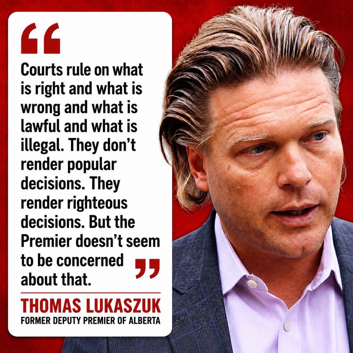 LukaszukAB's tweet photo. “Former Alberta Deputy Premier Thomas Lukaszuk is weighing in on the growing debate over the role of courts versus political popularity in Canada’s democracy.”

Do you agree that courts should stand above public opinion and political pressure? https://t.co/A3ohTRDpOa