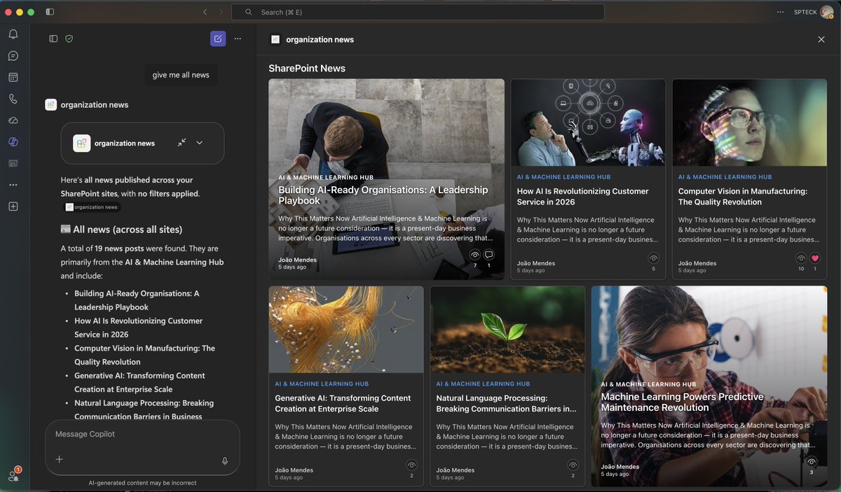 joaojmendes's tweet photo. I am testing my new MCP Server - M365-Organization-news and creating a Declarative Agent...
Nice... need some improvements, but it's nice that users ask for news and that Copilot suggests prompts!
Stay tuned ... ๐๐
#PnP #MicrosoftCopilot #M365Development #MCP https://t.co/EgDc0SQw02