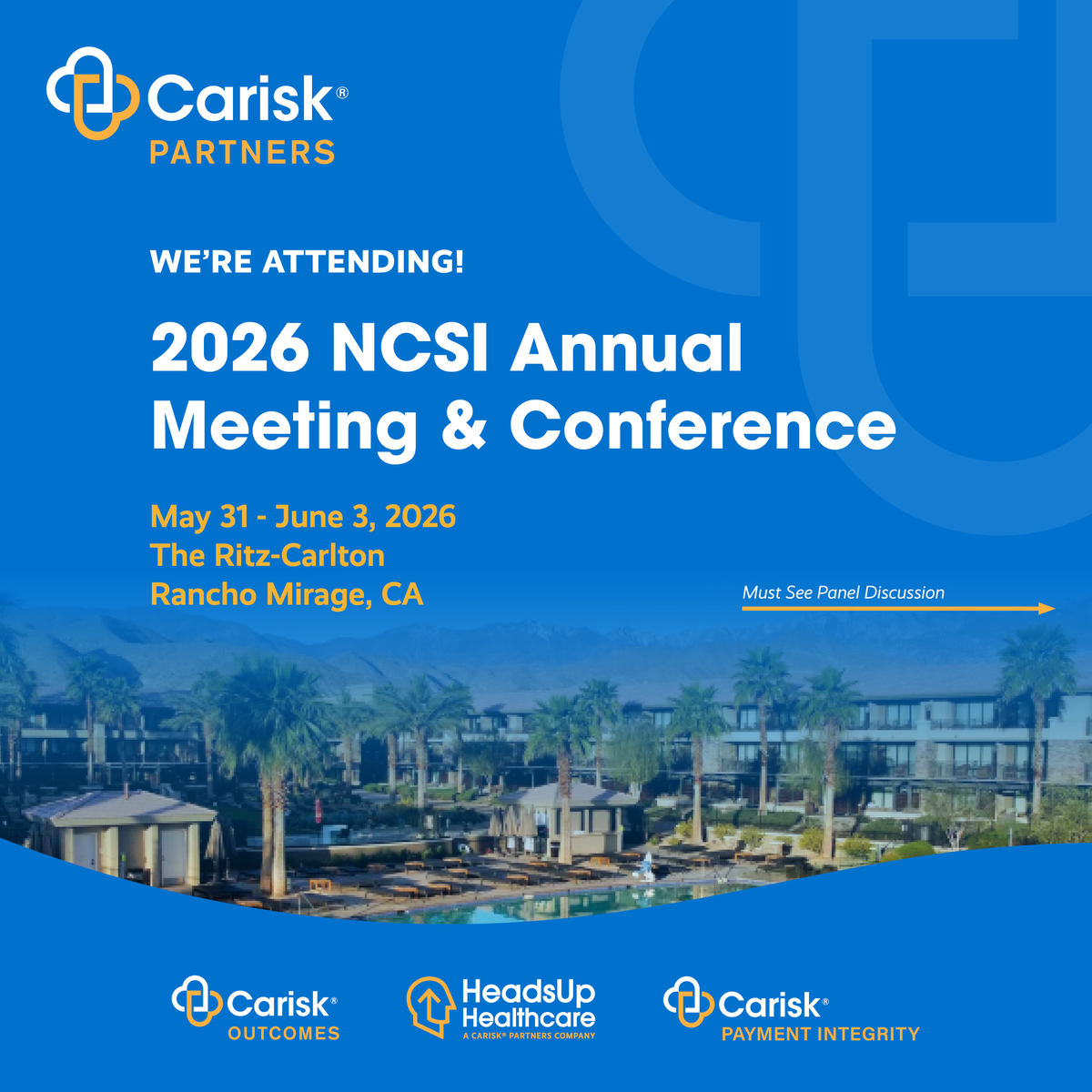 CariskPartners's tweet photo. Proud to sponsor and attend the 2026 NCSI Annual Meeting &amp; Conference!🌴

💬Join us June 3 for:
“How to Manage Catastrophic &amp; High-Risk Claims with Behavioral Health at the Center.”

Carisk’s Natasha Charleston will join industry leaders to discuss complex claims recovery. https://t.co/35CM3xIjDf