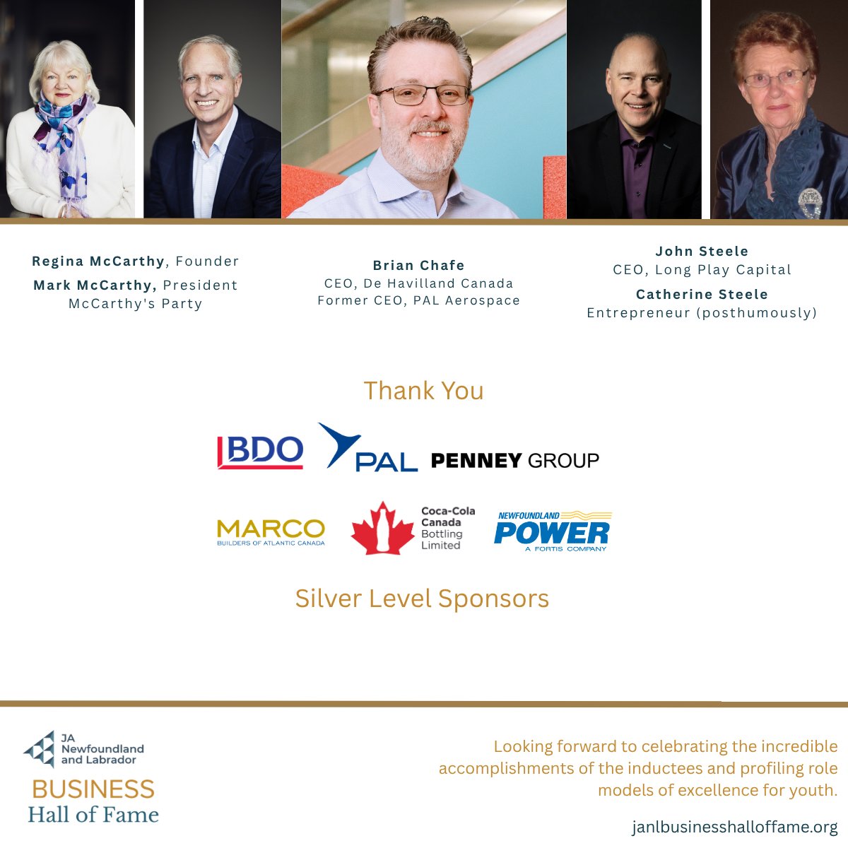 JANLinspires's tweet photo. Thank you BDO, PAL Airlines, Penney Group, Marco, Coca-Cola Canada Bottling Limited, and Newfoundland Power, silver sponsors of the Junior Achievement Newfoundland and Labrador Business Hall of Fame. https://t.co/9URoD6SLj1