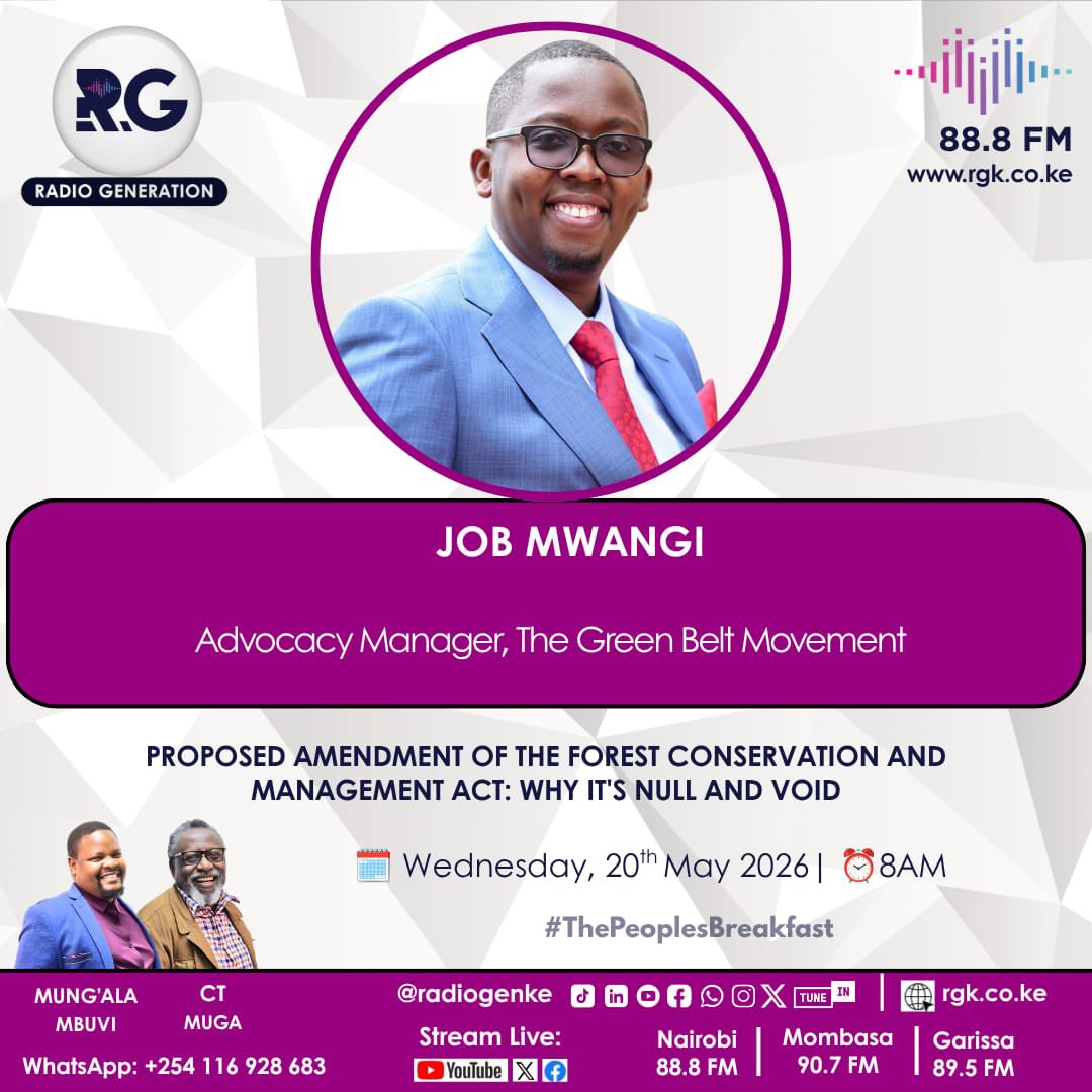 GreenBeltMovmnt's tweet photo. Tomorrow morning, Join our Advocacy Manager, Job Mwangi on @radiogenke during the #PeoplesBreakfastShow from 8:00 AM as he unpacks the proposed amendment to the FCM Act, why it is null and void, and the next steps in protecting Kenya’s forests.
#SaveOurForests #HandsOffOurForests https://t.co/J1Ix7fBJml
