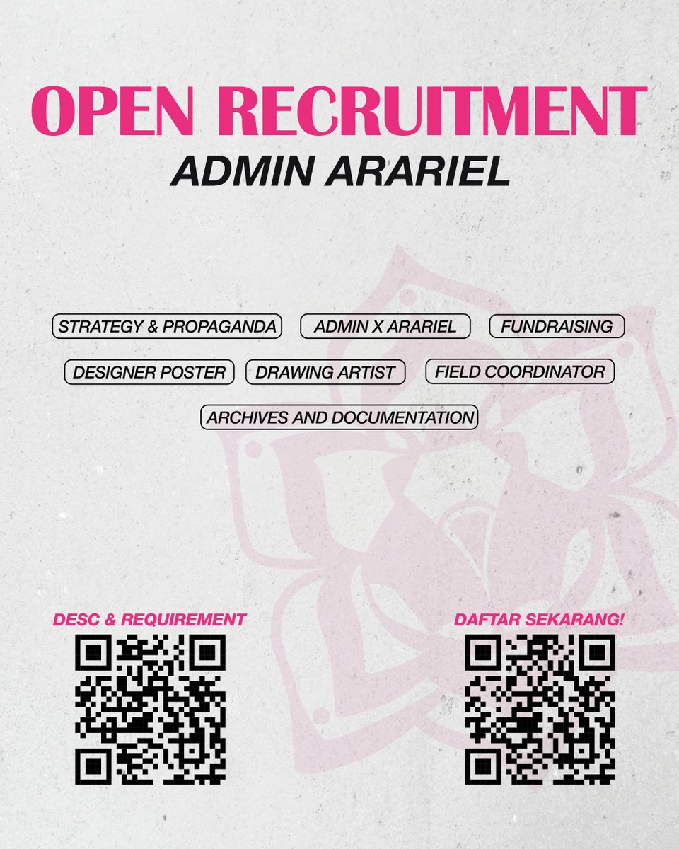 arariel_id's tweet photo. 🚨 OPEN RECRUITMENT ADMIN ARARIEL 🚨

Kami membuka recruitment untuk beberapa posisi yang saat ini sangat dibutuhkan ✨

Buat kalian yang ingin ikut membantu mengembangkan fanbase, menyumbang ide-ide kreatif, atau ingin jadi bagian dari perjalanan Aralie dan Arariel, this is your chance 👀

📌 Seluruh posisi yang dibutuhkan sudah tertera di poster
📌 Silahkan scan QR untuk melihat jobdesc, requirement, dan form apply

Kalau masih ada yang ingin ditanyakan, feel free untuk langsung DM MinLie yaa 🙌🏼