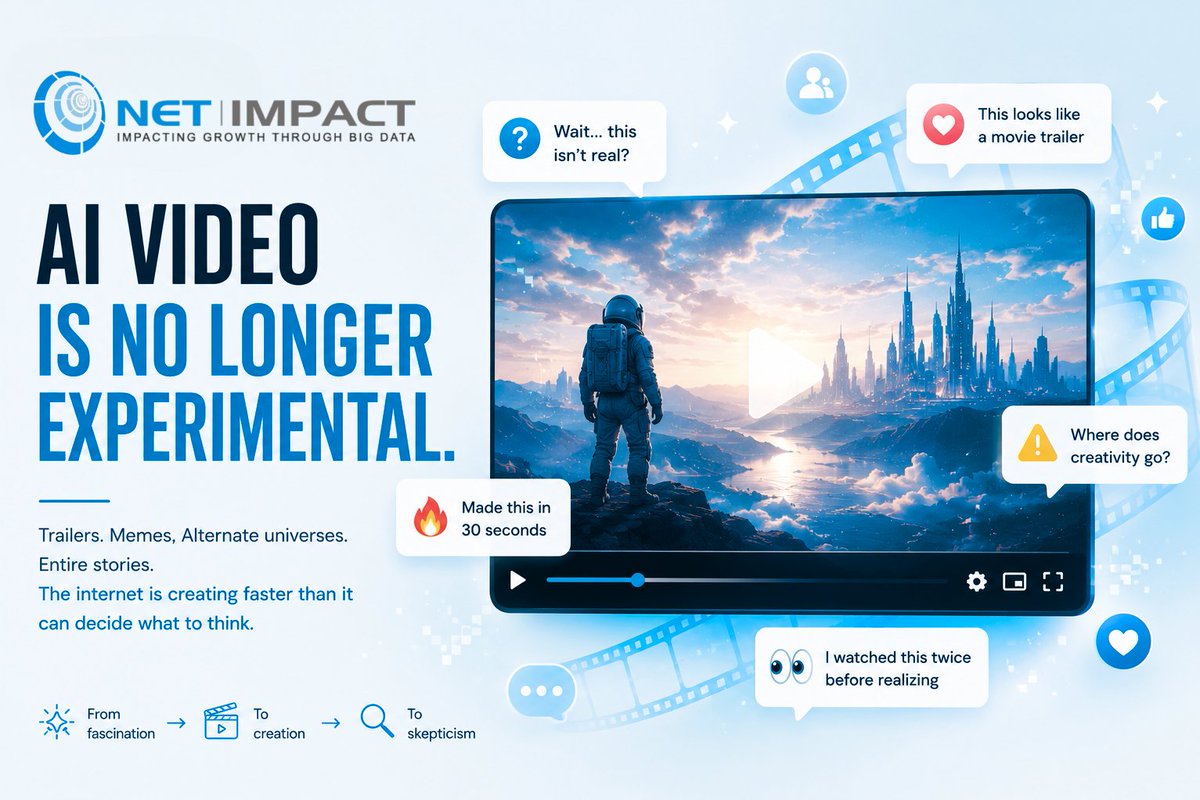 NetImpactIN's tweet photo. AI video is moving mainstream fast.

~45% of creators already use AI video tools
~78% of marketers are testing AI video
Ideas that took days can now take minutes

Now timelines are full of realistic trailers and “wait...this isn't real?” moments.

#AIVideo #GenerativeAI #AI https://t.co/XMJLzUihLN