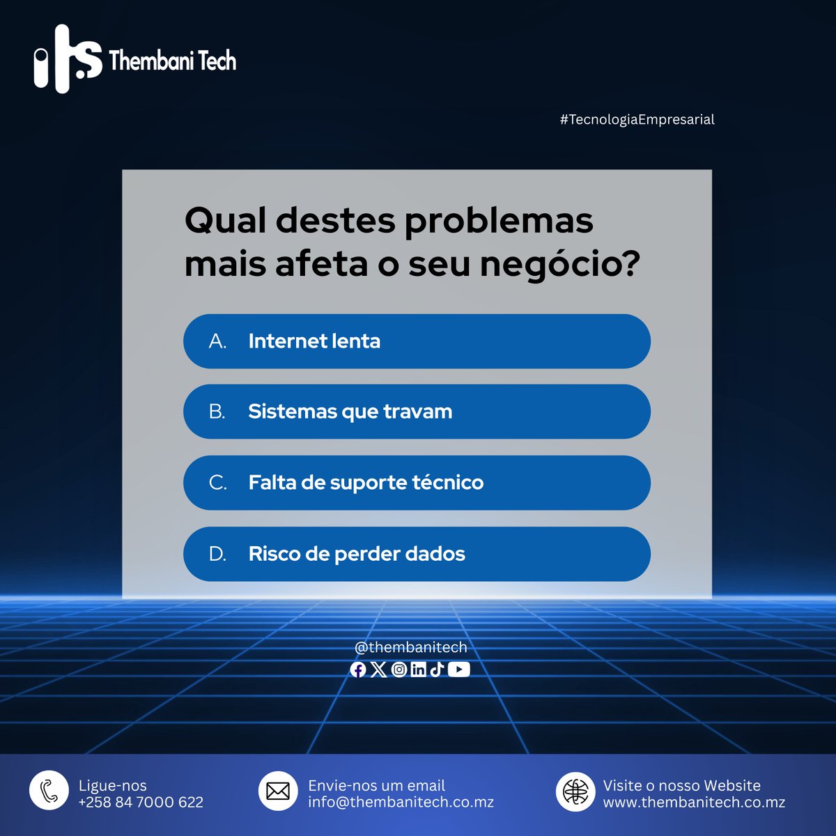 ThembaniTech's tweet photo. A Thembani Technology tem a solução ideal para si.
Entre em contacto connosco através do info@thembanitech.co.mz ou ligue para +258 847000622/ +258 87214000 e mude a sua situação.

#TecnologiaEmpresarial #ITConsulting #Crescimento #Empreender https://t.co/14nvLv90JE