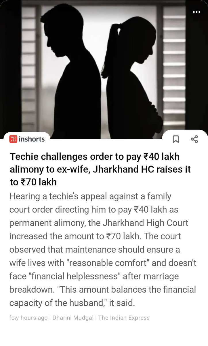 journalistav's tweet photo. Techie challenges order to pay ₹40 lakh alimony to ex-wife, Jharkhand HC raises it to ₹70 lakh

Hearing a techie's appeal against a family court order directing him to pay ₹40 lakh as permanent alimony, the Jharkhand High Court increased the amount to ₹70 lakh. 

#BanAlimony https://t.co/xpVnjC6yT1