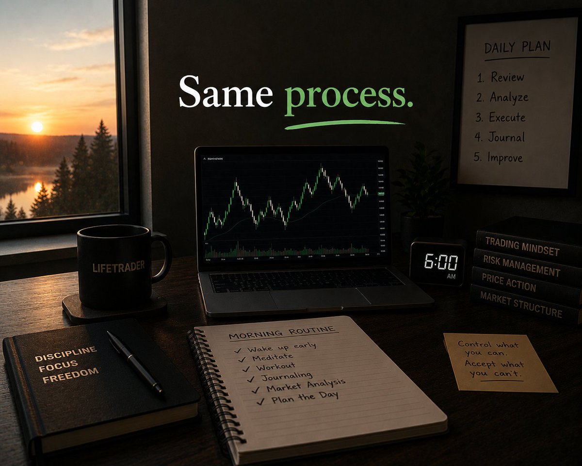 LifeofTrader247's tweet photo. Day 23/30 

wake up
coffee
charts
journal
repeat

used to think success would feel dramatic somehow

but most days look almost identical
same habits
same routine
same quiet work nobody notices

guess that’s the point

Same process. https://t.co/nt8sIryThK