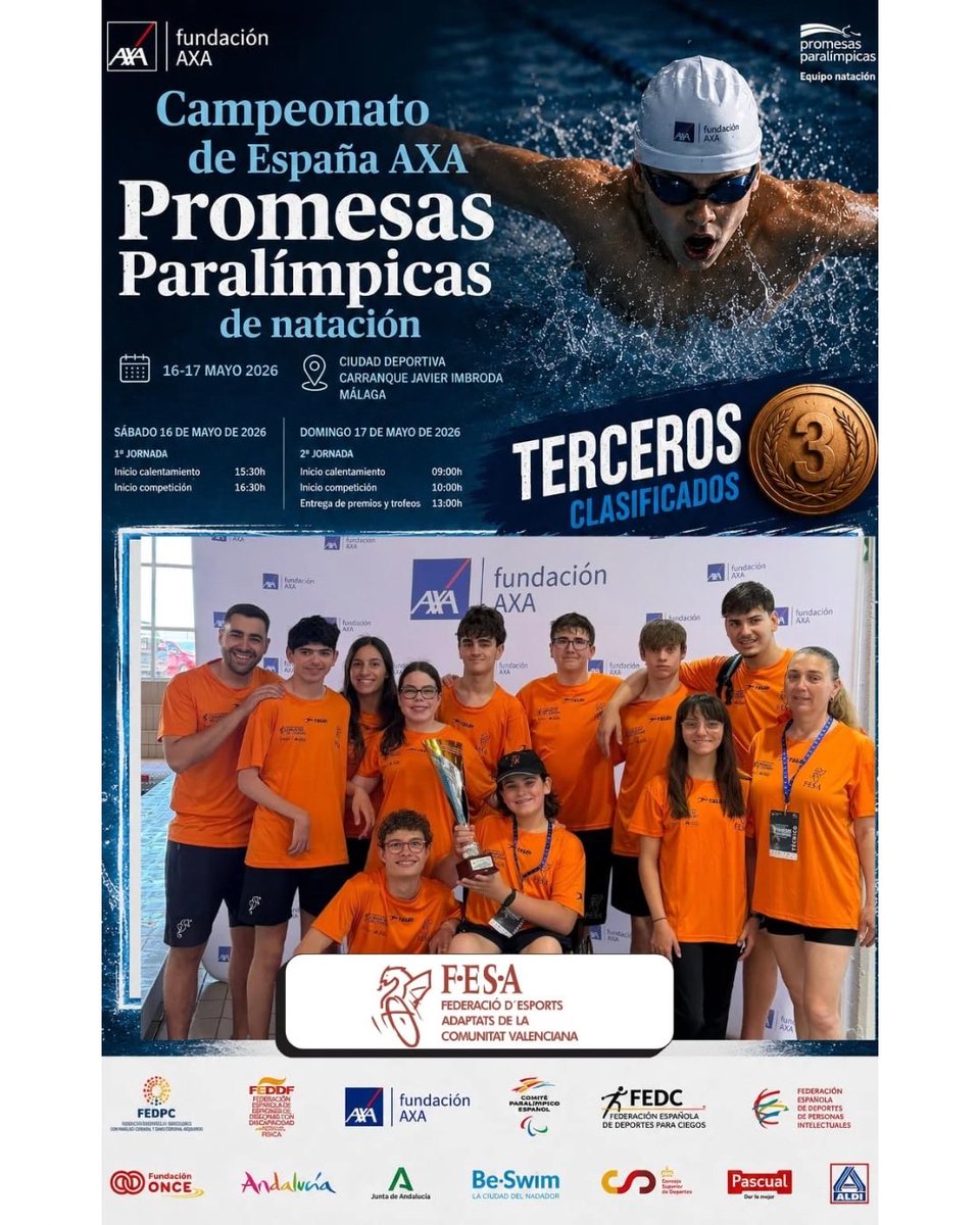 FESAVALENCIA's tweet photo. ¡TERCEROS DE ESPAÑA! 🥉💦

Deportistas de la comunidad valenciana cierran el Campeonato de España AXA de Promesas Paralímpicas de Natación con un increíble 3.º puesto en la general 🏊‍♂️🧡

Orgullosos del esfuerzo y la entrega de todo el equipo.

#NataciónAdaptada #SomosFESA https://t.co/t5Kd6BSMlS