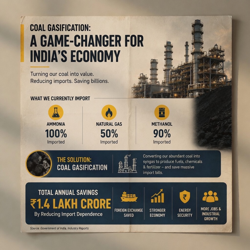 Playbook_PB's tweet photo. Fifth largest coal reserves in the world, and finally in 2026 we make the big move of harnessing them to their optimum potential.

The unintended consequence of the Iranian crisis has led to a major allocation of ₹37,500 crore for coal gasification, the process of converting coal into synthetic gas.

India's fertiliser subsidy is expected to balloon to ₹2.4 lakh crore this year, largely because fertiliser inputs are import-dependent. If domestically produced syngas replaced those imports, India could save over ₹60,000 crore annually and cut import exposure by ₹1.4 lakh crore.

But the real executors behind this push are private players and entrepreneurial giants. Jindal Steel's plant in Odisha has already displayed the potential of this endeavour as it is the largest coal gasification plant for steelmaking in the world. Running at 80% capacity, it posted a profit of ₹3,000 crore. Reports also suggest that Adani is developing a coal-to-chemicals complex in Odisha worth up to ₹70,000 crore.

With an ambitious target of gasifying 100 million tonnes, India has finally entered the race toward self-reliance.