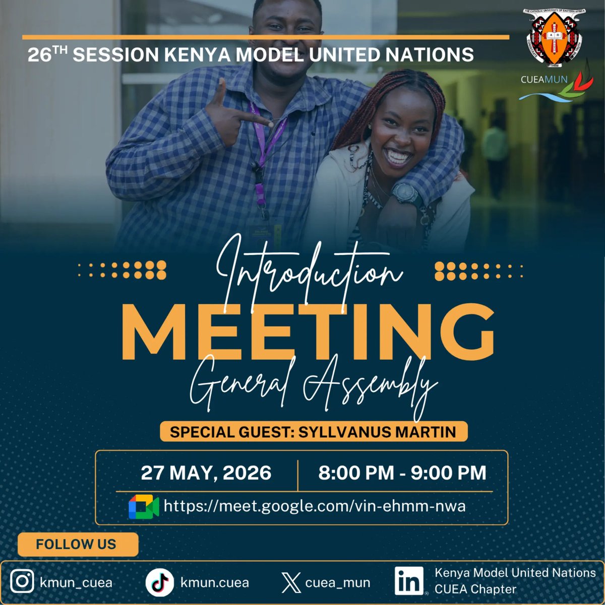 cuea_mun's tweet photo. CUEA minds. Global conversations. 🌐
Join the General Assembly’s Virtual Introductory Meeting on 27th May 2026, 8pm to 9pm and discover the art of diplomacy, negotiation and leadership. 
https://t.co/2QkHBzOMt9 https://t.co/8Ehtlln5jx
