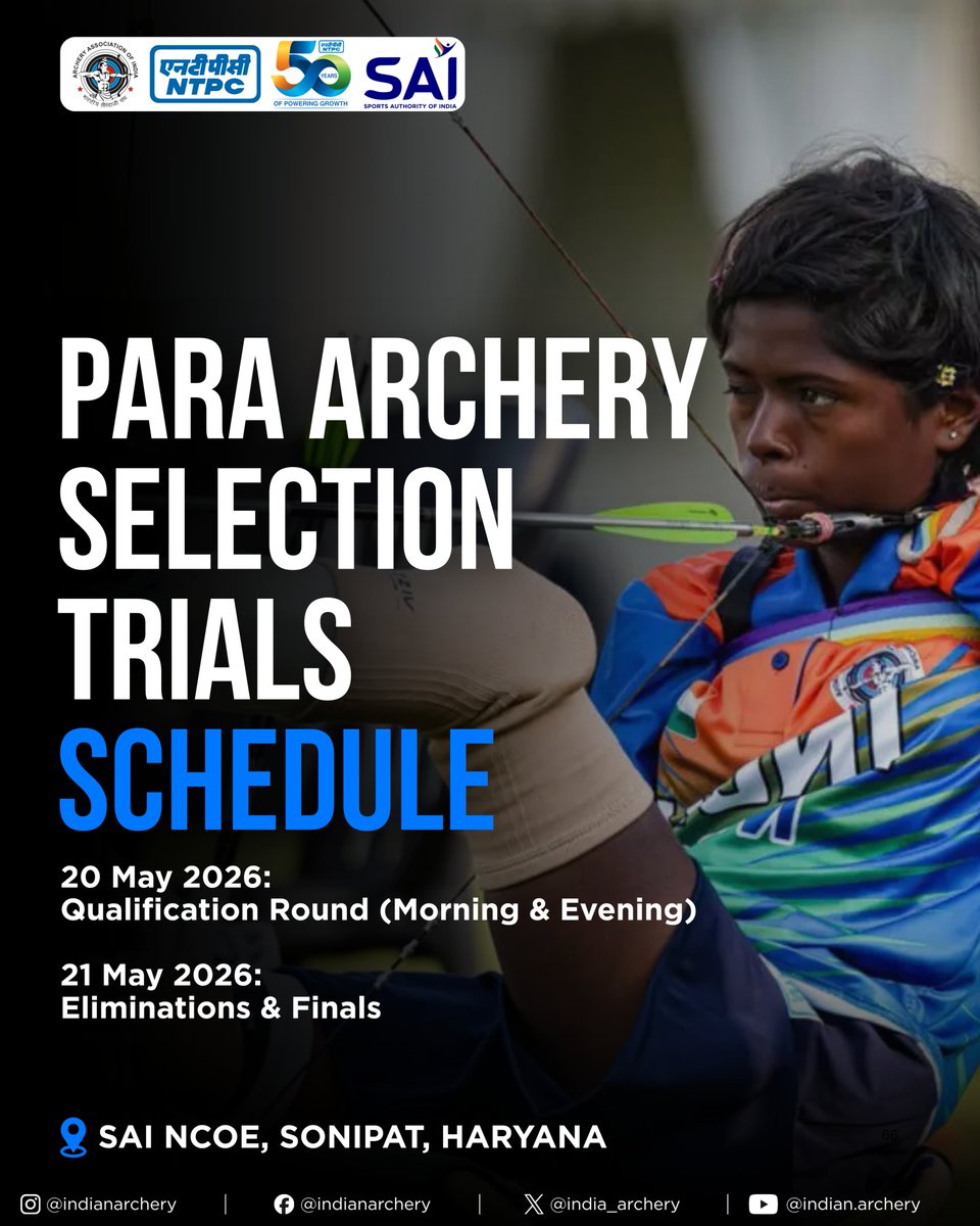 india_archery's tweet photo. 🏹 India’s archers are set for the 2nd &amp; Final Phase Para Archery Selection Trial at SAI NCOE, Sonipat for the Aichi-Nagoya 2026 Asian Para Games &amp; 2026 World Archery Para Series.

Wishing all archers the very best. 🇮🇳🎯

#IndianArchery #ParaArchery #SelectionTrials #TeamIndia https://t.co/8jWfLGTtwJ