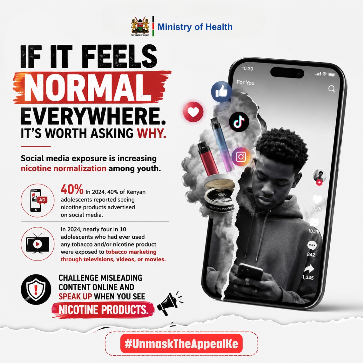 valerie_aura's tweet photo. A vape in a vlog.
Nicotine pouches in a “soft life” post.
Shisha clips every weekend.
Social media is making nicotine look normal to young people. 

In Kenya, 4 in 10 adolescents regularly see these products online.

Don’t scroll past manipulation. Call it out #UnmaskTheAppealKe https://t.co/qvmdkVkgqQ