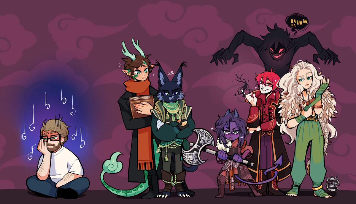 Xavirne's tweet photo. dnd party commission by @pillow_paper

🫩 Our DM
🐉 Ouros the cleric of Lathander
🐈‍⬛️ Mirage the wild magic sorcerer
🪓 Caalun the raging barbarian 
👥 Xull the warlock of Mask (&amp; his shade Ohanzee)/cleric of Shar 
🪶 Nesmin our monk/cleric from the Tree Ghost Tribe of Uthgar https://t.co/aMAV1P4tYS