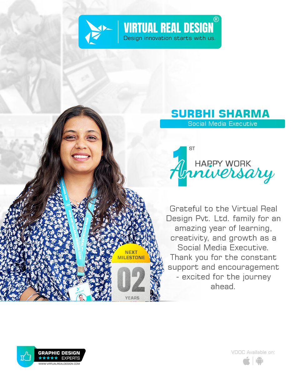 VRD40's tweet photo. Celebrating Surbhi’s 1st work anniversary and the amazing journey 

 From learning new skills to creating impactful content, your dedication and creativity continue to inspire the team every day.

#WorkAnniversary #TeamVRD #SocialMediaExecutive #EmployeeAchievement #OfficeCulture https://t.co/hQpZmaP0uH