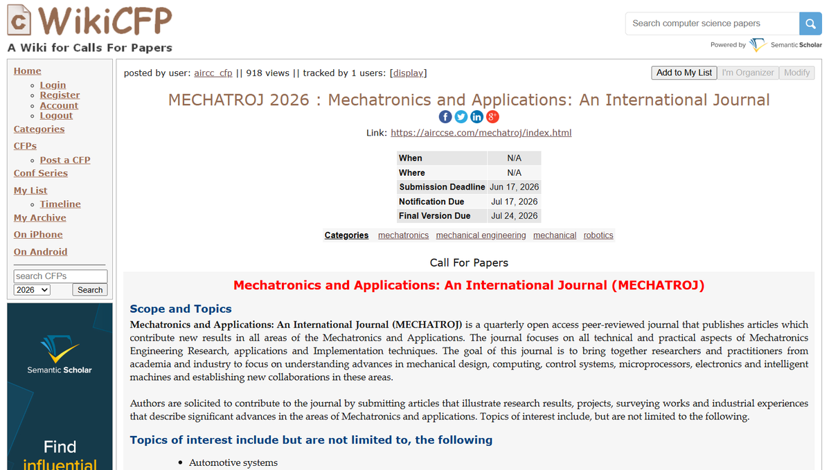 MECHATROJ's tweet photo. Mechatronics and Applications: An International Journal (MECHATROJ)

Webpage URL: https://t.co/zWeOutjWIo

WikiCFP URL: https://t.co/enjD49BEEd

Contact us: mechatrojjournal@airccse.com (or) mechatroj@aircconline.com (or) mechatrojjournal1821@gmail.com https://t.co/McAxQPXiOQ