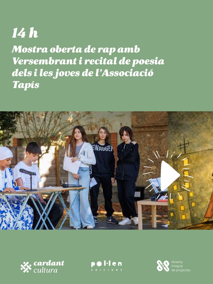 cardantcultura's tweet photo. 14:00 h 
Mostra oberta de rap amb @VerSembrant i recital de poesia dels i les joves de l’@AssociacioTapis https://t.co/oF15RWRwOg