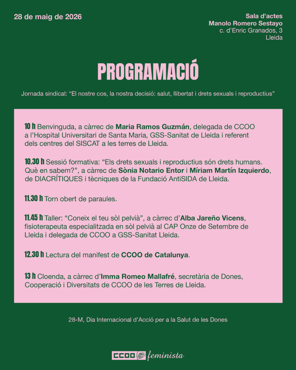 CCOOLleida's tweet photo. 📢📢📢Commemoració del Dia Internacional d’Acció per a la Salut de les Dones a CCOO de Lleida
Jornada sindical: “El nostre cos, la nostra decisió: salut, llibertat i drets sexuals i reproductius”
https://t.co/ocy1HRrh9X
⬇️⬇️⬇️ https://t.co/IVSGugu10o