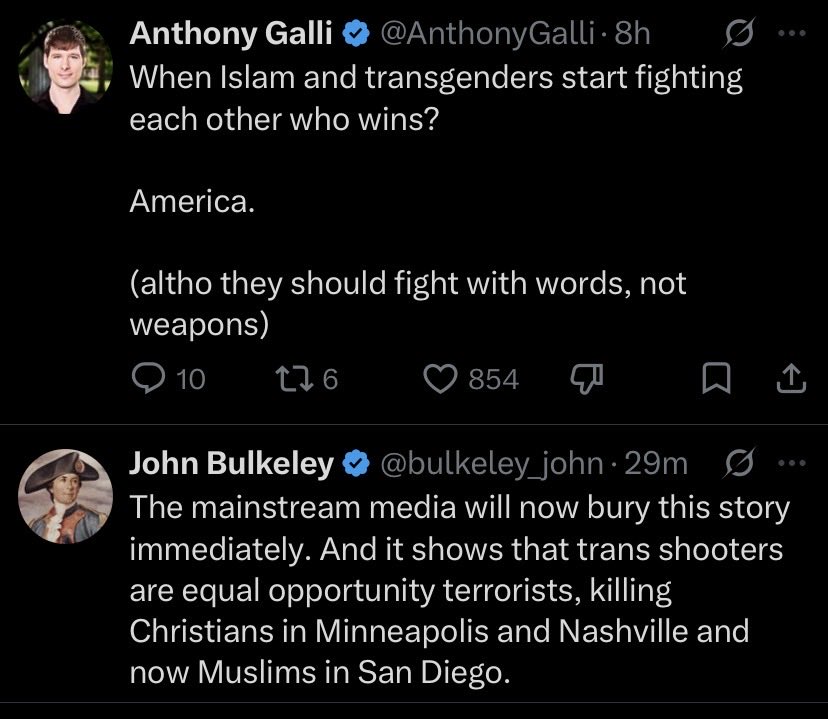 AmplifyVeracity's tweet photo. Now that pictures of Cain Clark - one of the alleged shooters at the San Diego mosque - have surfaced of him with long hair MAGA accounts on X are accusing him of being transgender instead of accepting that their framing of Muslims as invading scam artists has consequences. https://t.co/iFS3FL3QkF
