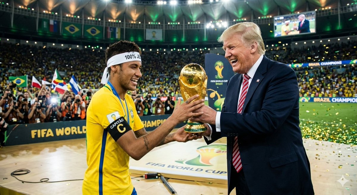 Gmc_31's tweet photo. @JoaquinTeixeira IMAGINA ESSA CENA NO FINAL COPA! MUITOS JORNALISTAS VÃO INFARTAR AHAHHAHA NEYMAR CAMPEÃO COM FAIXA 100% JESUS RECEBENDO O TROFÉU DE DONALD TRUMP https://t.co/sBK5esndp5