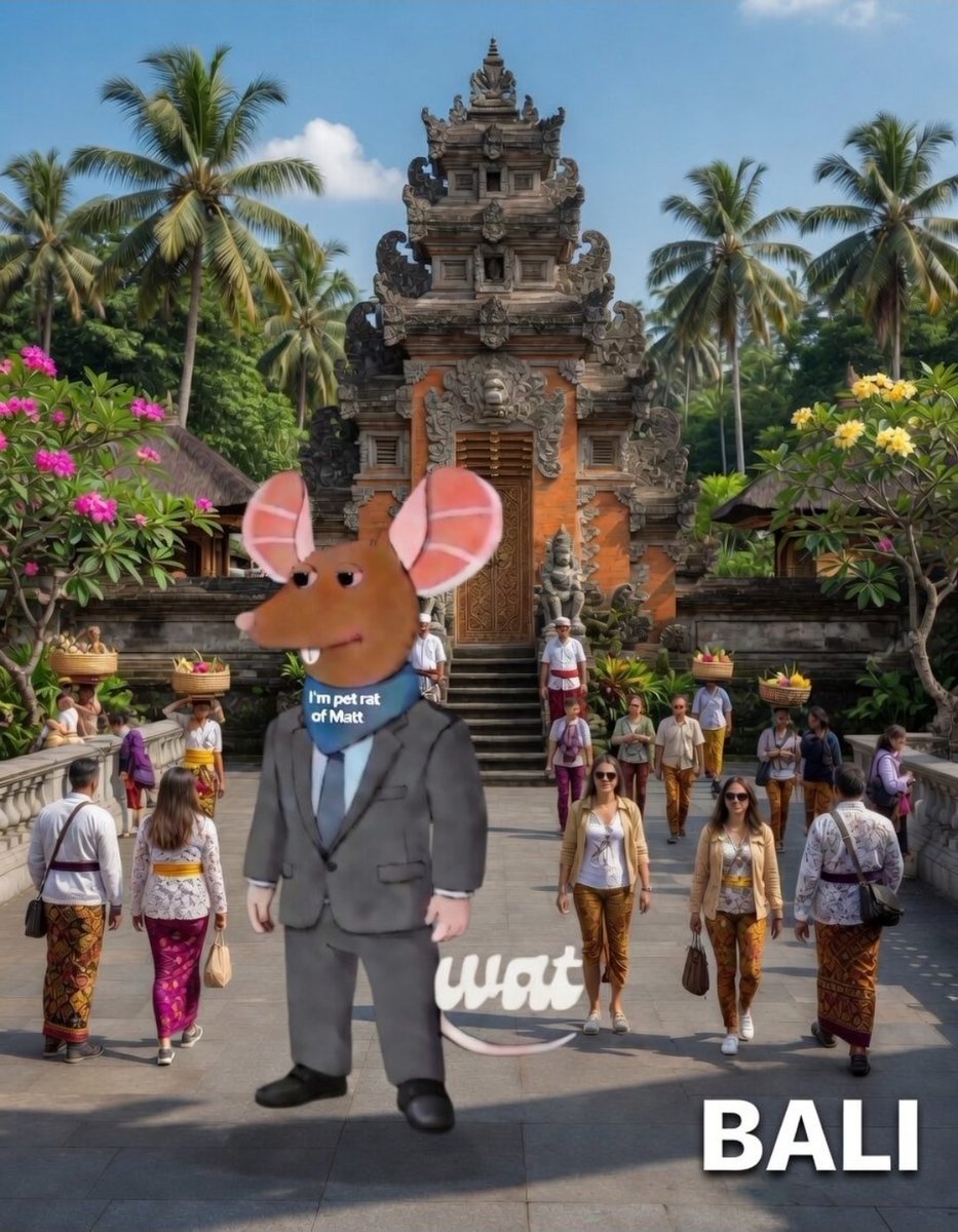 Wat0x63's tweet photo. Bali ☀️
New destination - Rat race around the globe! 🌍
/ $WAT everywhere!
-Dedicated Nightriders 
-Bro of $PEPE, $BRETT, $ANDY and $WOLF 🫂🫂
-Pet of Matt Furie https://t.co/Yp9cwifZuY