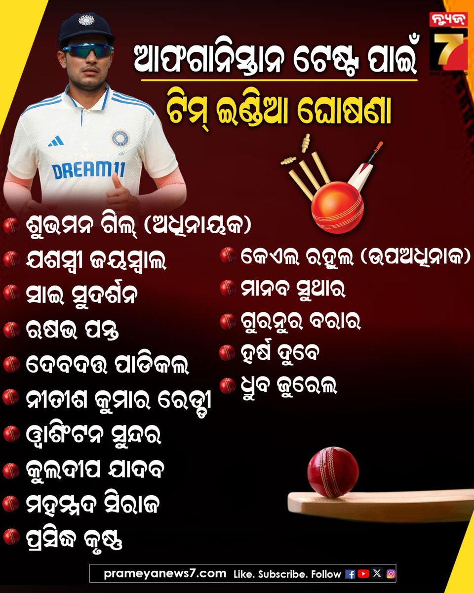 NEWS7Odia's tweet photo. India vs Afghanistan Squad Announcement For Test Match
#indvsafg #testsquad #prameyanews7 #teamindia https://t.co/USA8nQWJAl