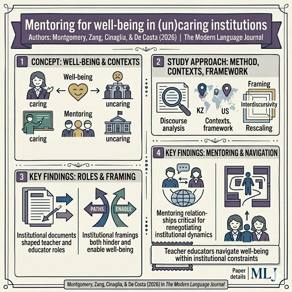 ModernLanguageJ's tweet photo. What can mentoring do inside uncaring institutions? 

Montgomery et al. show how mentoring can support teacher well-being while facing institutional limits.  

Montgomery et al. (2026). The Modern Language Journal. https://t.co/J2GqhuFQYs

#MLJContentSeries https://t.co/LSERs3AF7Y