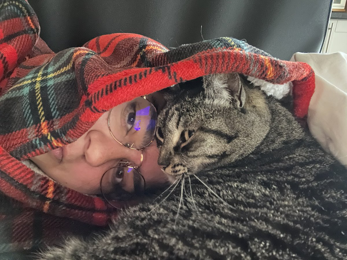 hughuke's tweet photo. Personal space is not a thing when you have a cat. Seconds after this she put her face right on my nose so I couldn’t breathe https://t.co/fR8PjFdHrT