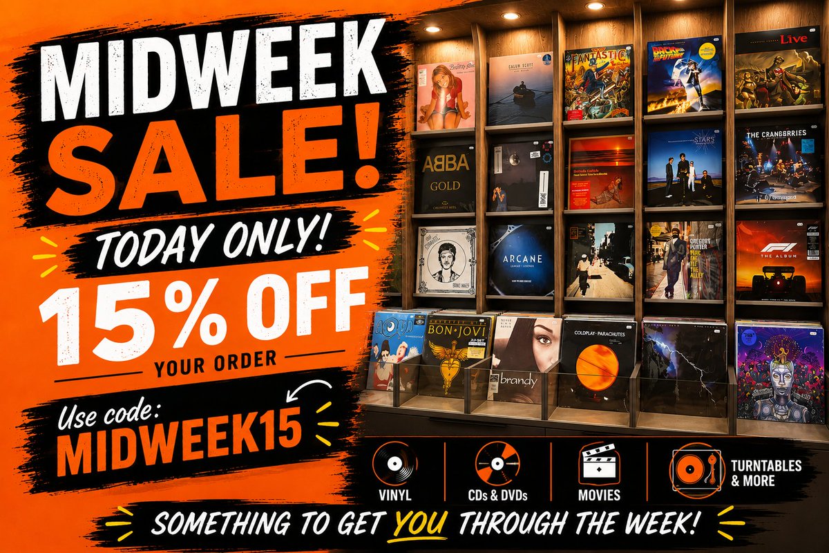 EchosRecordBar's tweet photo. ⚡ MIDWEEK SALE ⚡

Need something to get you through the week? 🎶

Today only, get 15% off your order with code:

MIDWEEK15

Valid online and in-store today only. 🛒

Shop vinyl, CDs, DVDs, Blu-rays, 4K-UHD, turntables and more.

Don’t miss it! https://t.co/rQ7lroOQ8I