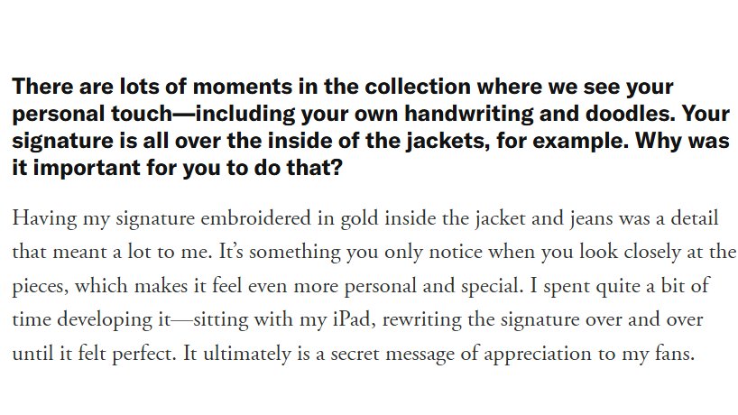 jeonIves's tweet photo. "having my signature embroidered in gold inside the jacket and jeans was a detail that meant a lot to me. It’s something you only notice when you look closely at the pieces, which makes it feel even more personal and special. I spent quite a bit of time developing it—sitting with my iPad, rewriting the signature over and over until it felt perfect. It ultimately is a secret message of appreciation to my fans" oh my baby :(