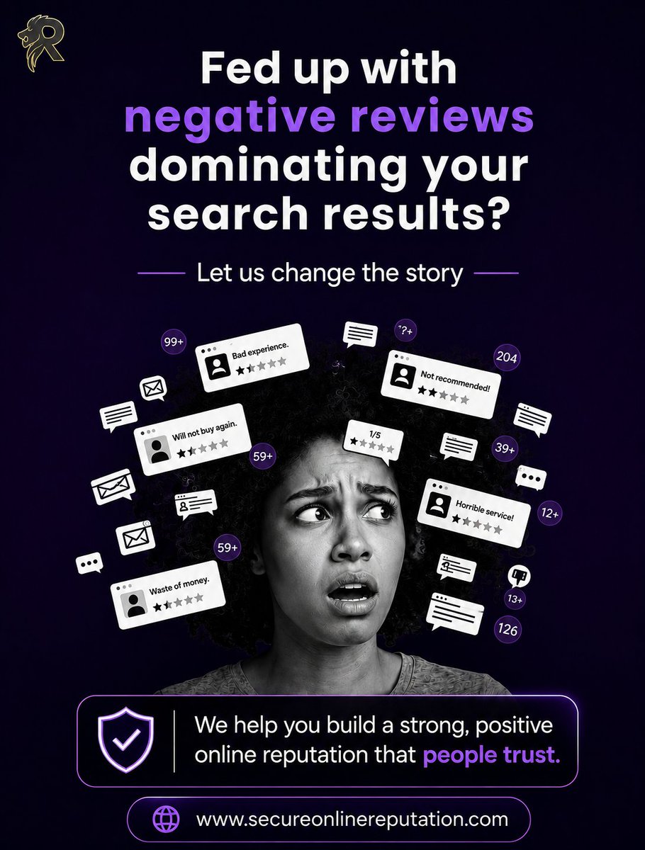 SecureOnlineRep's tweet photo. Negative online reviews may be loud, but they don’t have to define your brand. With the right reputation strategy, you can push down damaging content, highlight positive feedback, and restore the trust your business deserves. 

Let us help you build a strong, positive online reputation that people trust. 
Write to us at contact@secureonlinereputation.com 

#OnlineReputationManagement #NegativeReviews #GoogleReviews #BrandReputation #ReputationManagement #DigitalTrust #ReviewManagement #SearchEngineReputation #OnlineVisibility #PersonalBranding #FirstImpressionsMatter #SecureOnlineReputation #BusinessGrowth #GoogleSearchResults #ORM