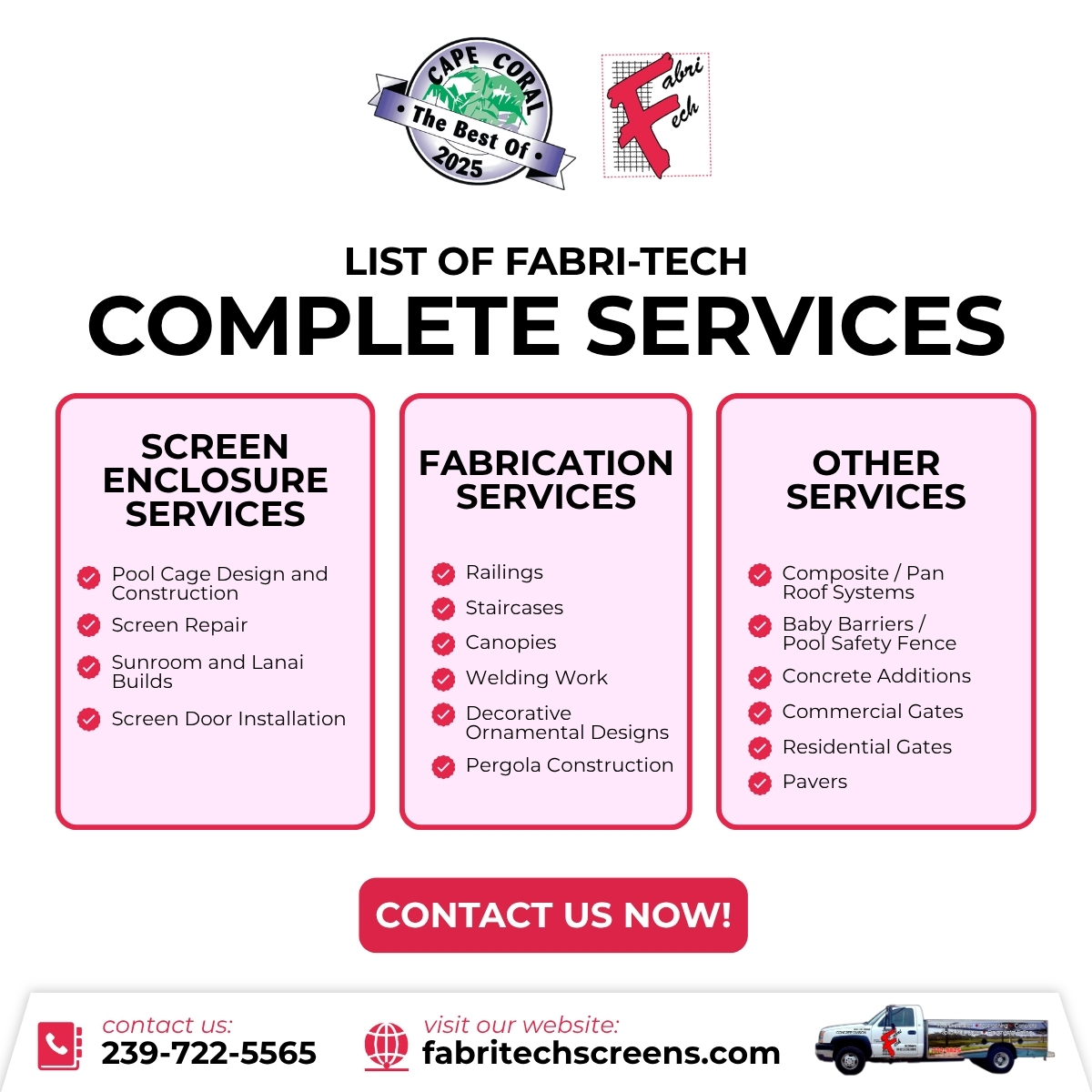 TechFabri's tweet photo. At Fabri-Tech Screen Enclosures, we go beyond screens—we deliver full-service craftsmanship for your home or commercial property.

https://t.co/Rh3JfkonA3 https://t.co/Af4TU93Aoc