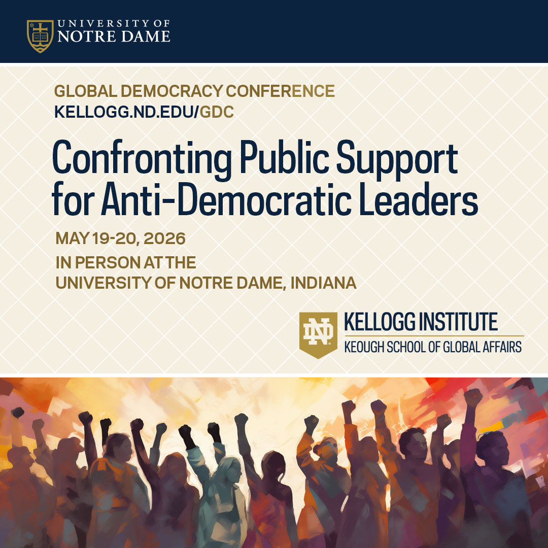 KelloggInst's tweet photo. Today is the day! The Kellogg Institute's Global Democracy Conference 2026 starts shortly...

We're excited to welcome o the University of Notre Dame campus a host of academics, practitioners, policymakers, journalists, and more - plus more than 200 conference registrants in addition to our presenters. Check out the conference webpage to see the topics we'll be covering and the experts who will share their perspectives: https://t.co/EH6t7TUQgH

@NotreDame 
@KeoughGlobalND
